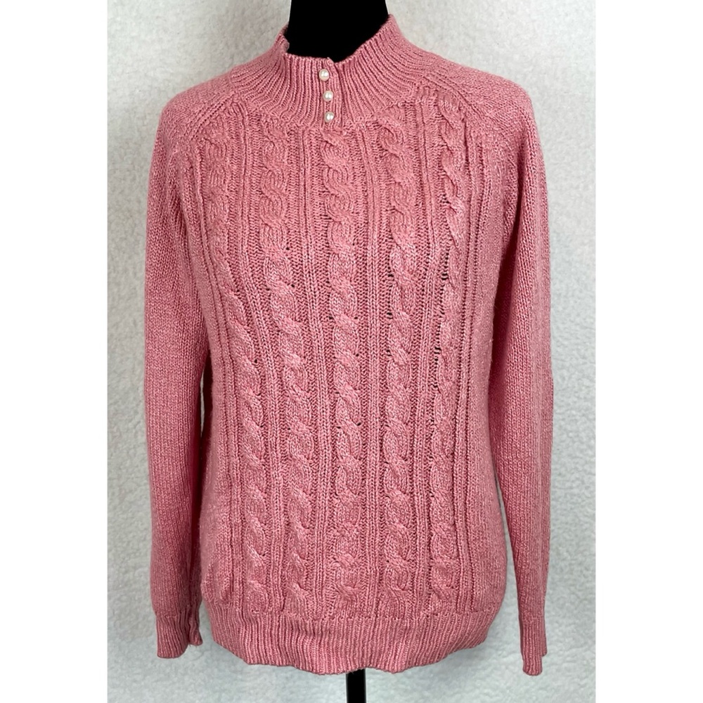 KAREN SCOTT • Dusty Pink Cable Knit Faux Pearl Button Mock-neck Sweater, S - Picture 2 of 16